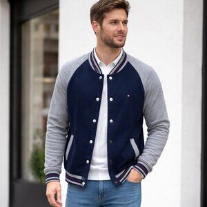 Tommy Hilfiger Bomber Jacket Size M Navy Gray Varsity Button Front